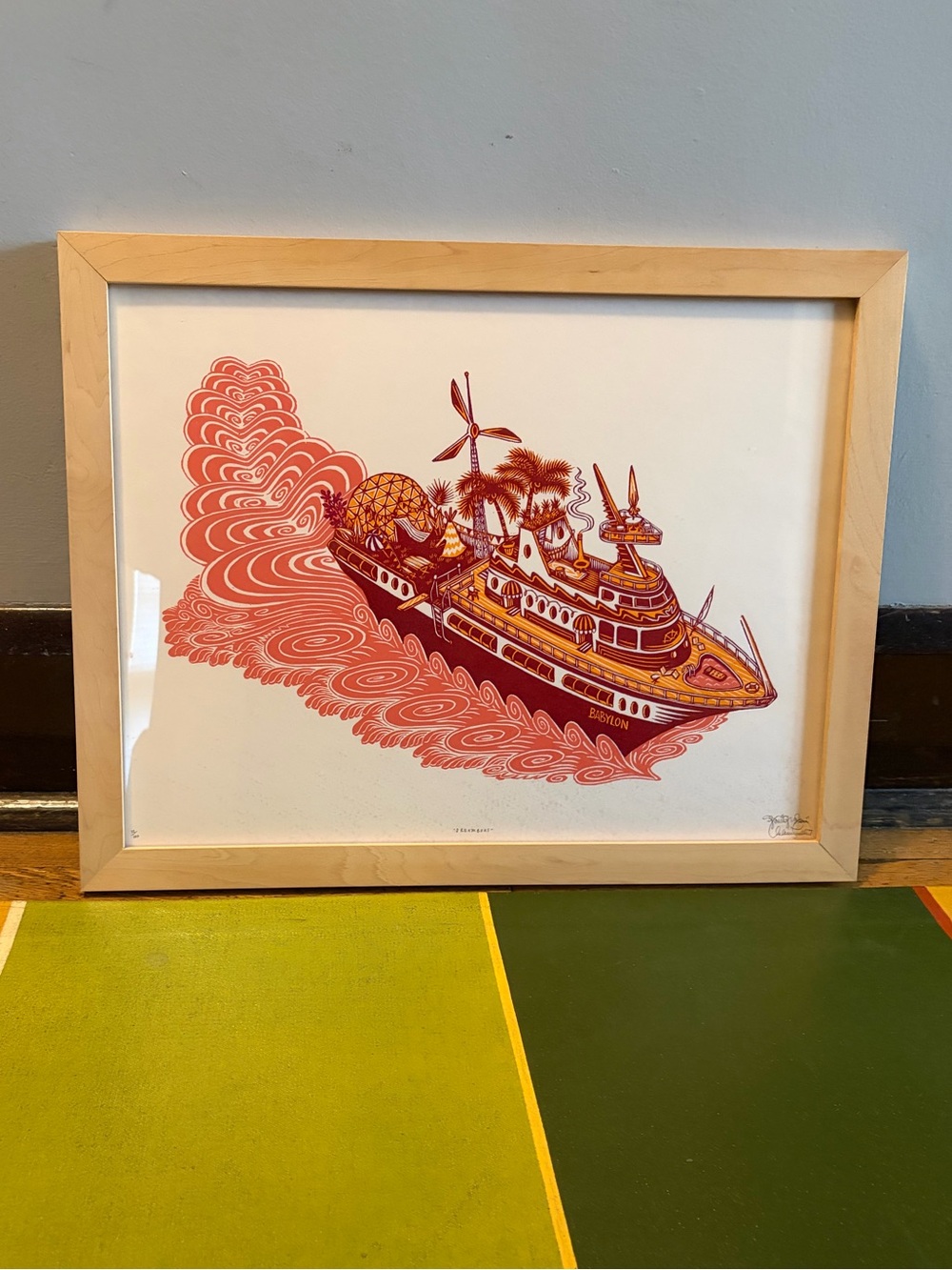 Limited edition silkscreen print with dreamy boat and waves